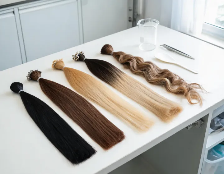 Keratin Hair Extensions Sourcing on a cosmetics bench, illustration only