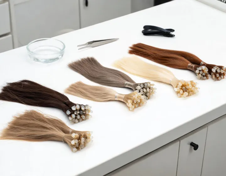fusion keratin hair extensions on a cosmetics bench, illustration only