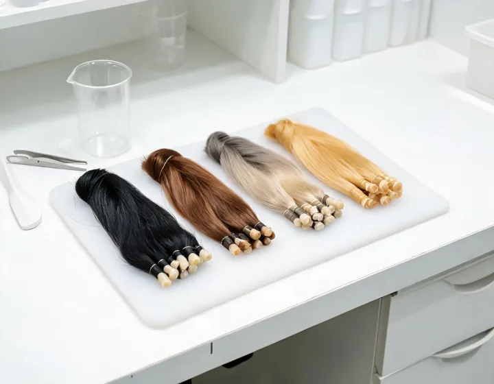 keratin hair extensions on a cosmetics bench, illustration only