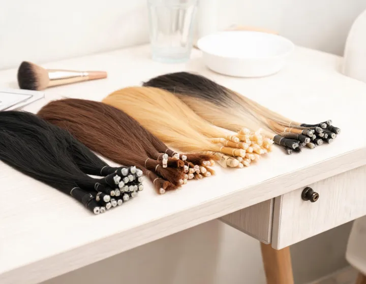 buy keratin hair extensions on a cosmetics bench, illustration only
